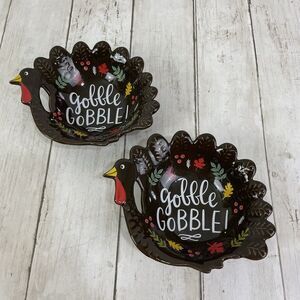 Turkey Shaped Candy Dishes “Gobble Gobble” Stoneware Threshold Lot Of 2
